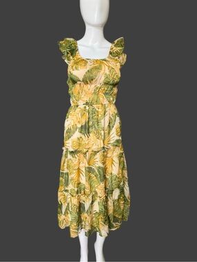 Tropical Leaf Smocked Midi Dress in Yellow and Green